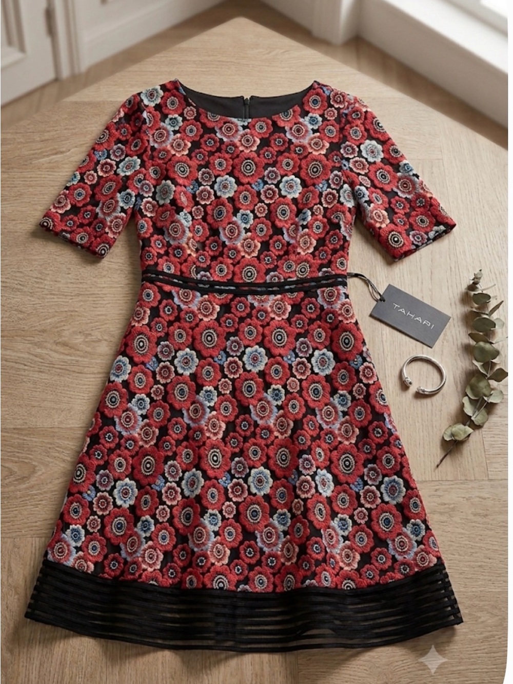 Tahari Arthur S. Levine Floral Embroidered Mesh Dress Sz 4 Fit Flare Cocktail